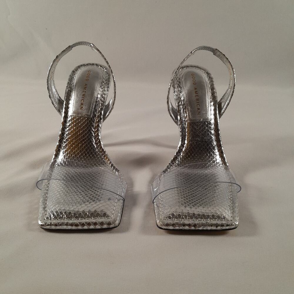 Good American Slingback Heel SIlver Snake Lucite 7.5  Square Toe NWOB